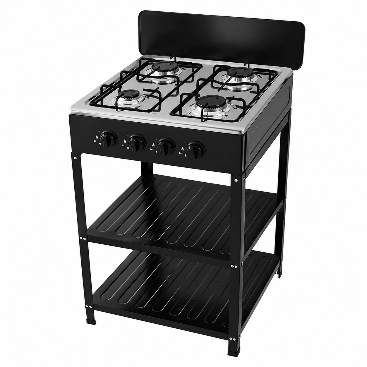 Fornello a Gas 4 Fuochi GPL con Supporto in Acciaio 2 Ripiani – Piano Cottura Portatile da Esterno con Accensione Piezoelettrica – Giardino, Campeggio, Sagre