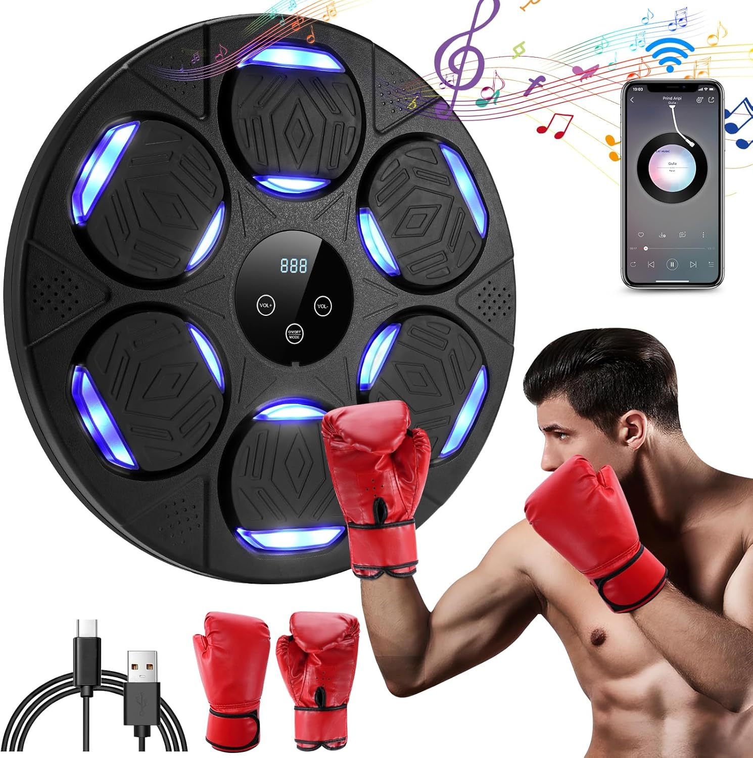Boxing Machine Montato A Parete Con Luce Led Ricaricabile Bluetooth, Attrezzatura Allenamento da Boxe Con Guantoni