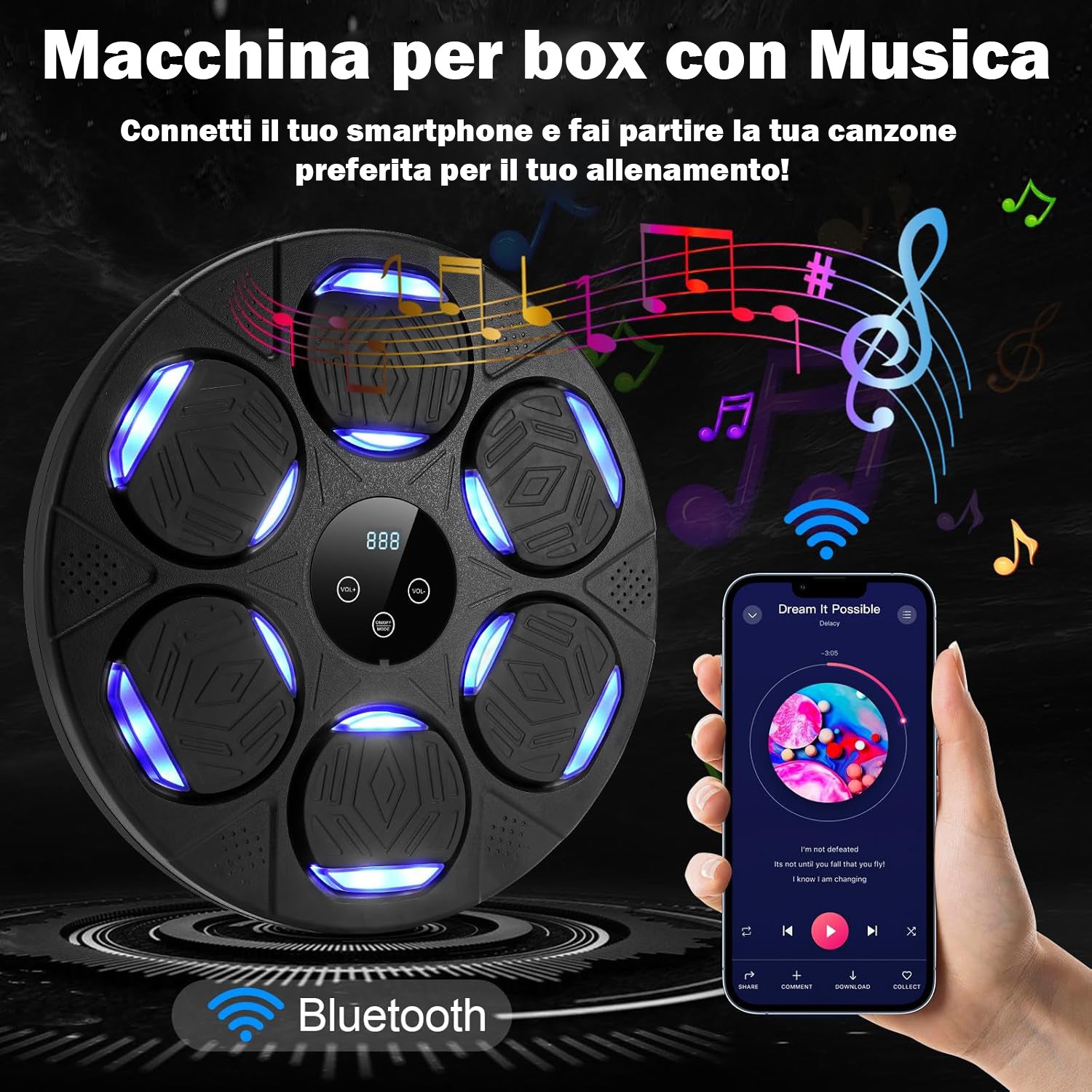 Boxing Machine Montato A Parete Con Luce Led Ricaricabile Bluetooth, Attrezzatura Allenamento da Boxe Con Guantoni