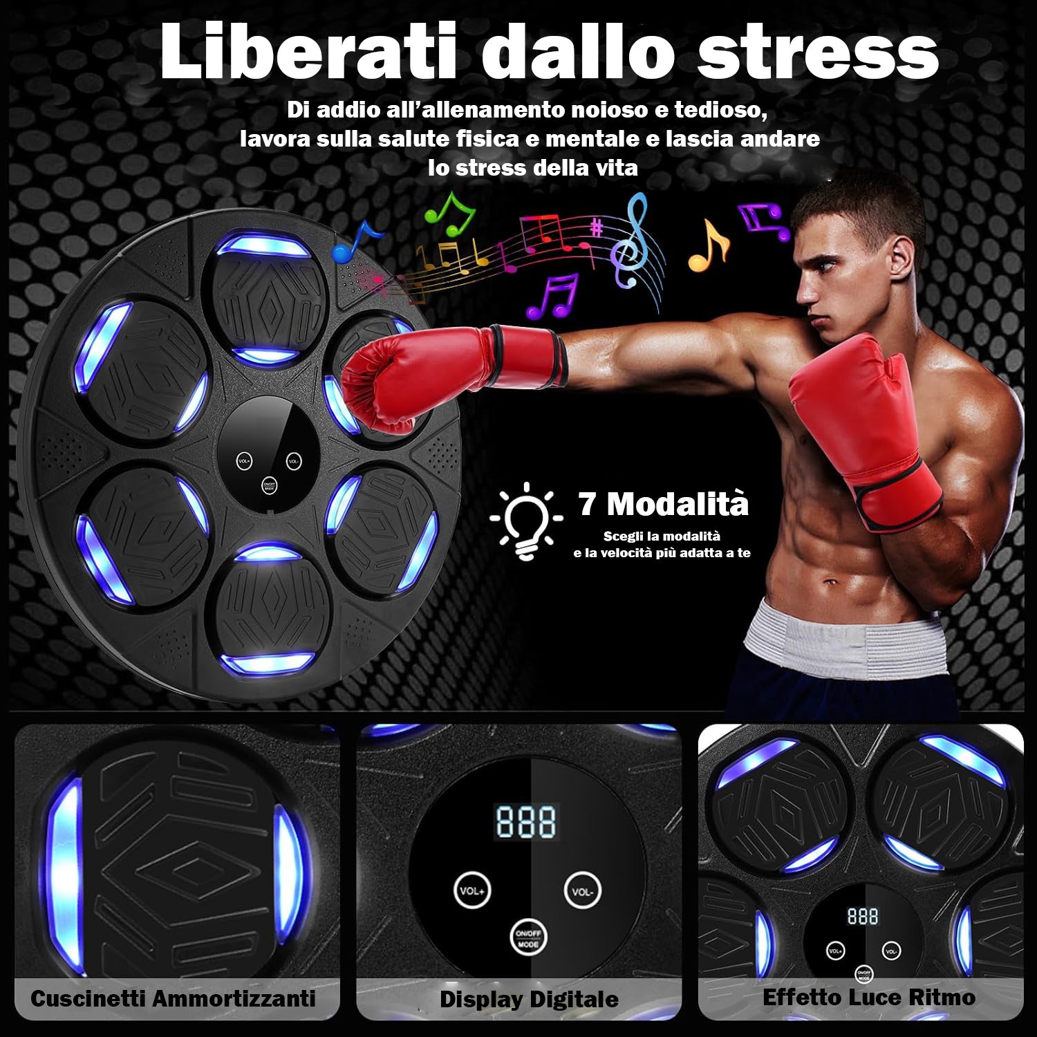 Boxing Machine Montato A Parete Con Luce Led Ricaricabile Bluetooth, Attrezzatura Allenamento da Boxe Con Guantoni