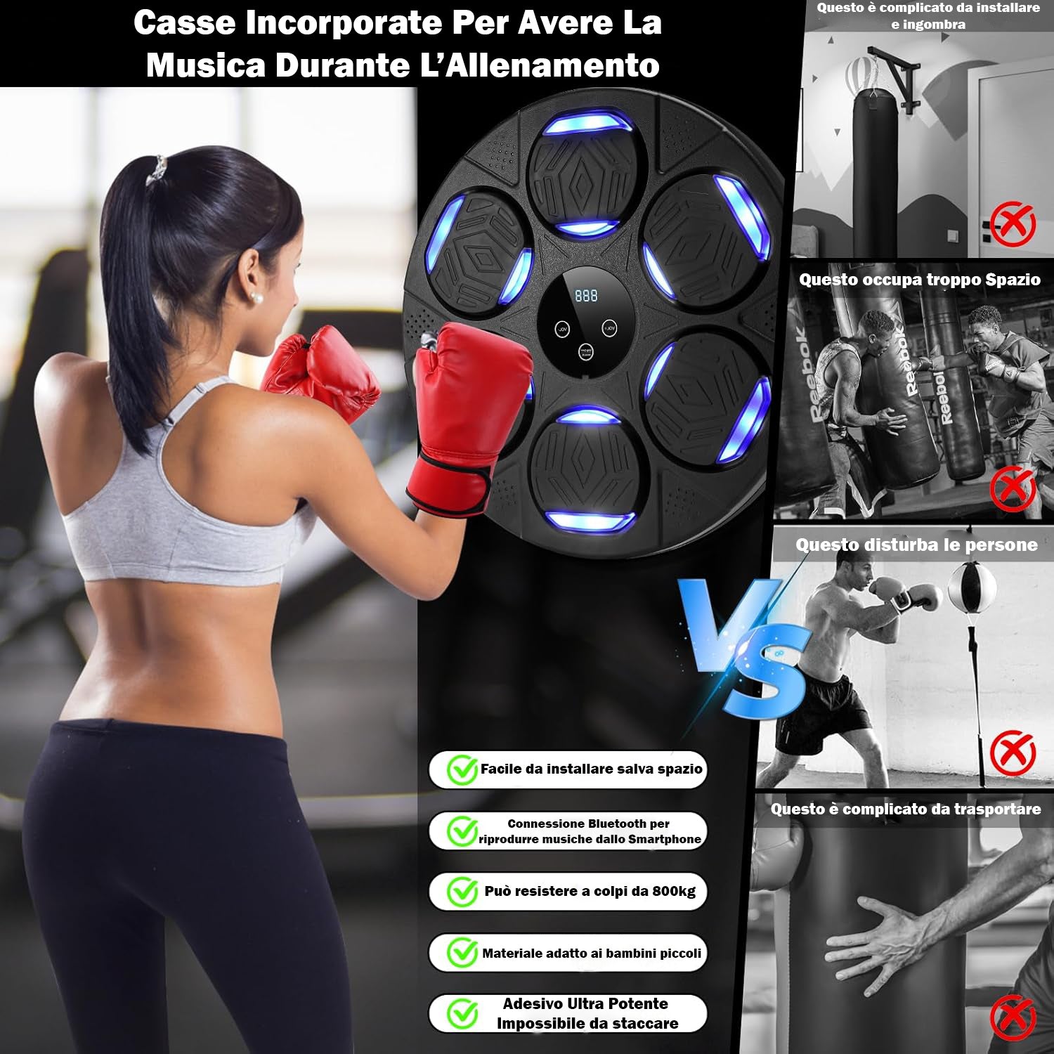 Boxing Machine Montato A Parete Con Luce Led Ricaricabile Bluetooth, Attrezzatura Allenamento da Boxe Con Guantoni