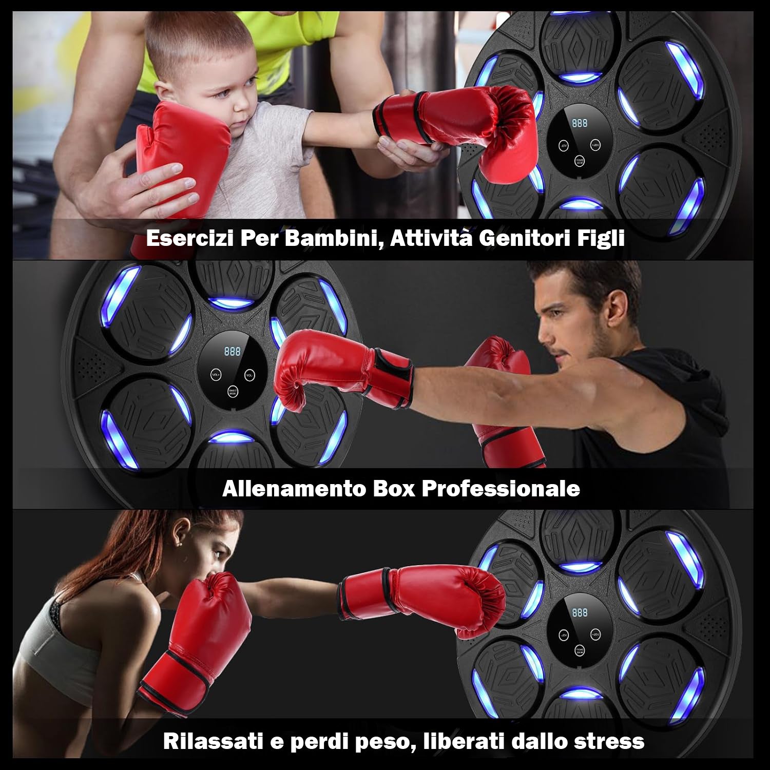 Boxing Machine Montato A Parete Con Luce Led Ricaricabile Bluetooth, Attrezzatura Allenamento da Boxe Con Guantoni
