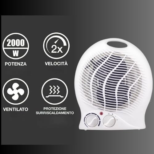 Termoventilatore Elettrico da Bagno 2000W – Stufetta Silenziosa 2 Potenze, Termostato, 3 Modalità e Autospegnimento | Basso Consumo