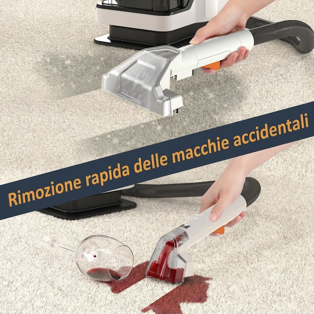 Pulitore Tappeti e Divani Portatile 11 kPa – Lavatappezzeria Spray + Aspirazione, Doppio Serbatoio 1,08L + 0,8L, Motore 450W – Per Tappeti, Tessuti, Divani, Scale e Auto