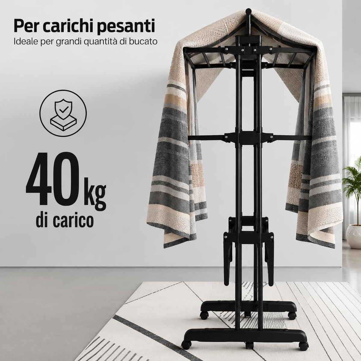 Stendibiancheria Verticale 4 Livelli Pieghevole con Ruote – Acciaio Inox 64x126x170 cm | Salvaspazio, Interno ed Esterno