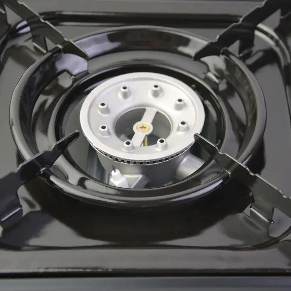 Fornello a Gas da Campeggio Portatile con Valigetta, Doppio Attacco Cartuccia Butano o Bombola GPL, Accensione Piezoelettrica, Potenza 2,2 kW, Leccarda Smaltata Removibile, per Esterno