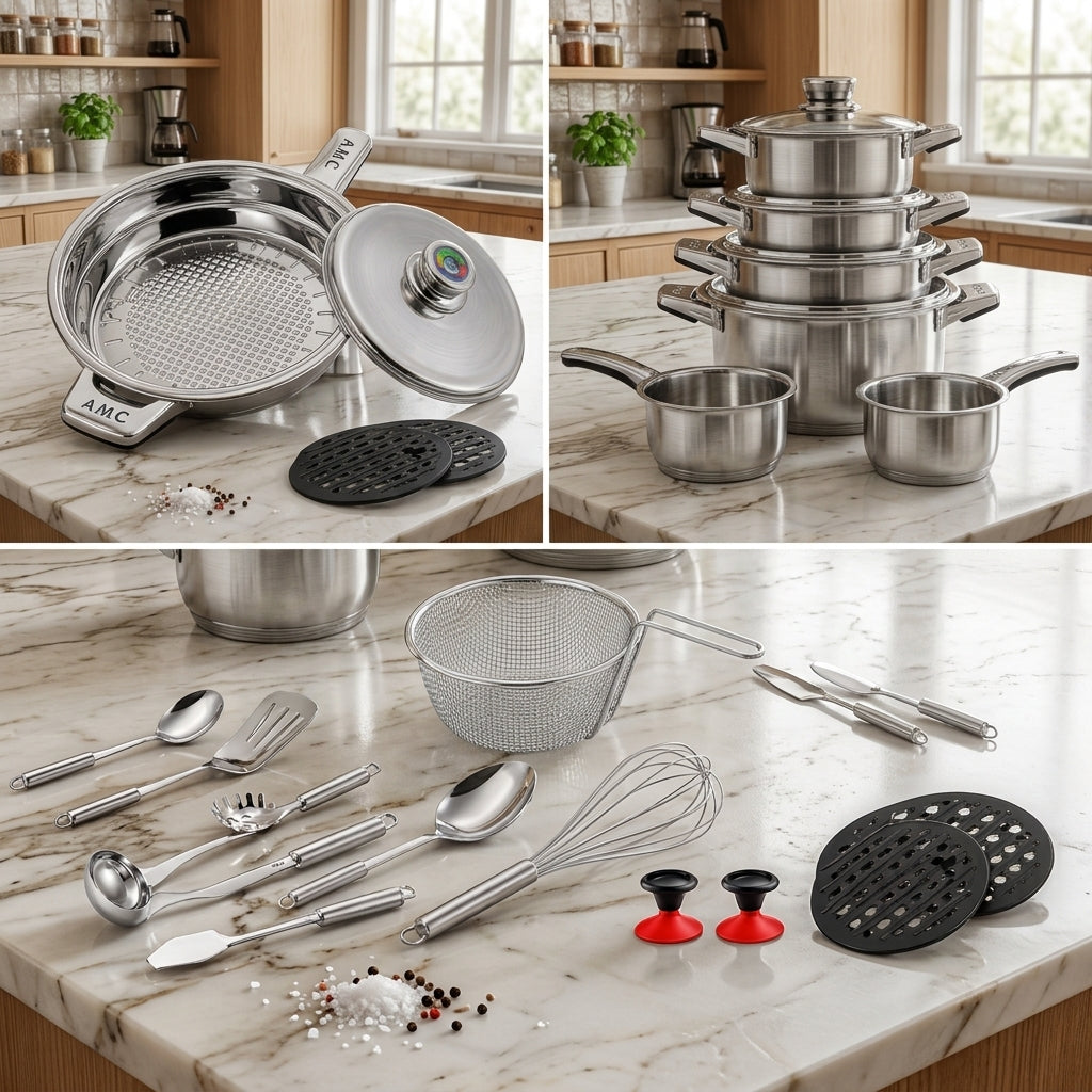Set Pentole 25 Pezzi in Acciaio Inox con Manopola Termometro – Induzione | Casseruole, Friggitrice, Scolapasta e Accessori