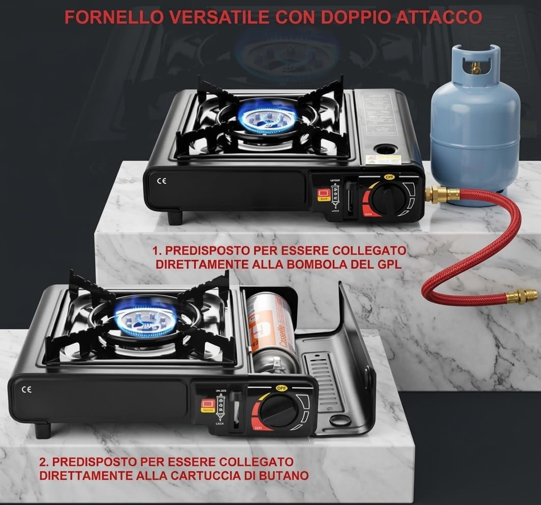 Fornello a Gas da Campeggio Portatile con Valigetta, Doppio Attacco Cartuccia Butano o Bombola GPL, Accensione Piezoelettrica, Potenza 2,2 kW, Leccarda Smaltata Removibile, per Esterno