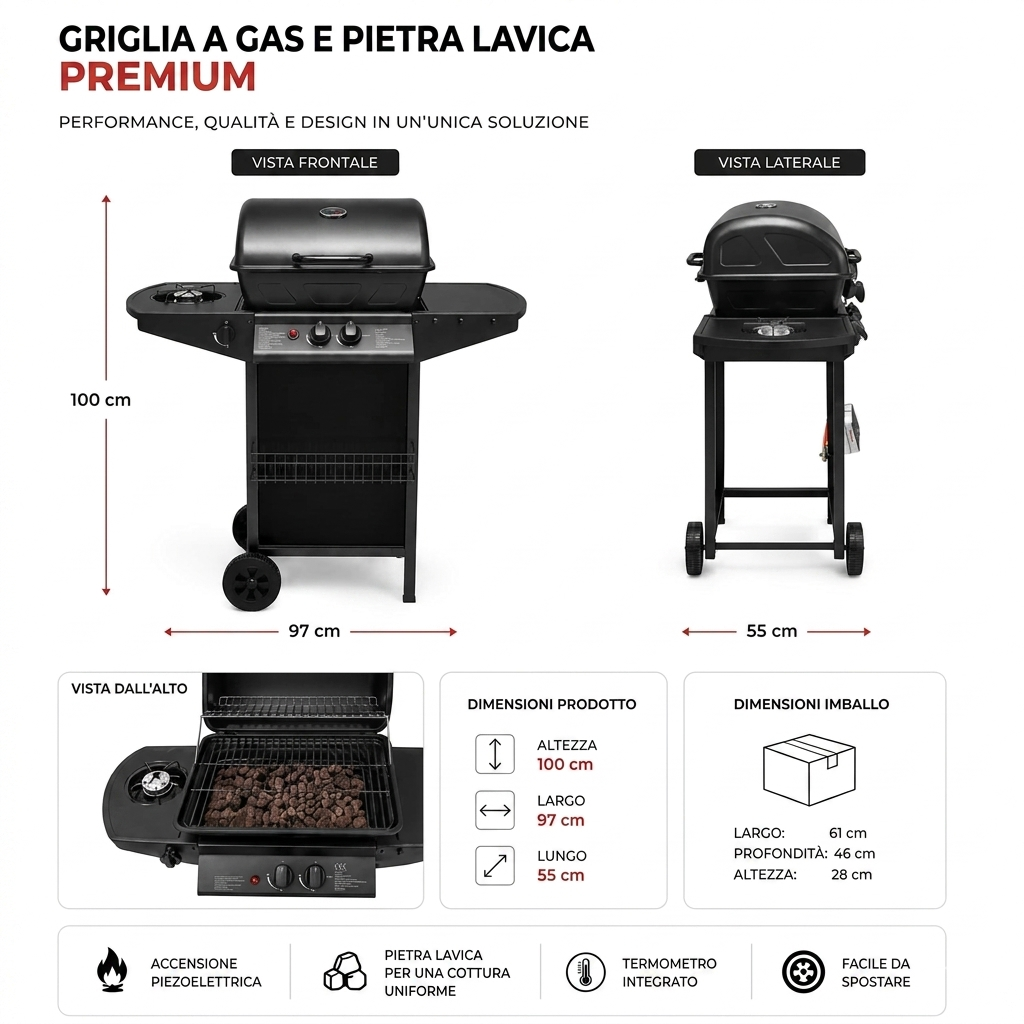 Barbecue A Gas, Grill Pietra Portatile Con Termometro, Fornello Laterale, E Ruote