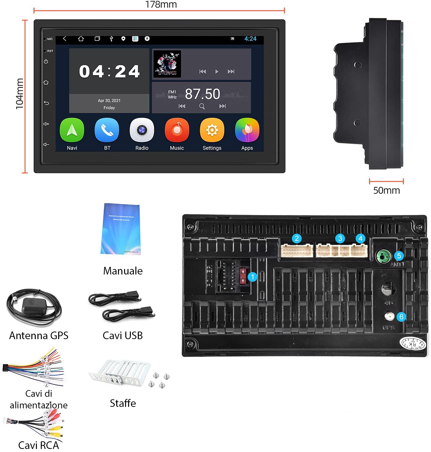 Autoradio 2 Din Con Bluetooth GPS/WiFi/FM 7" Touch Screen CarPlay - Android Auto