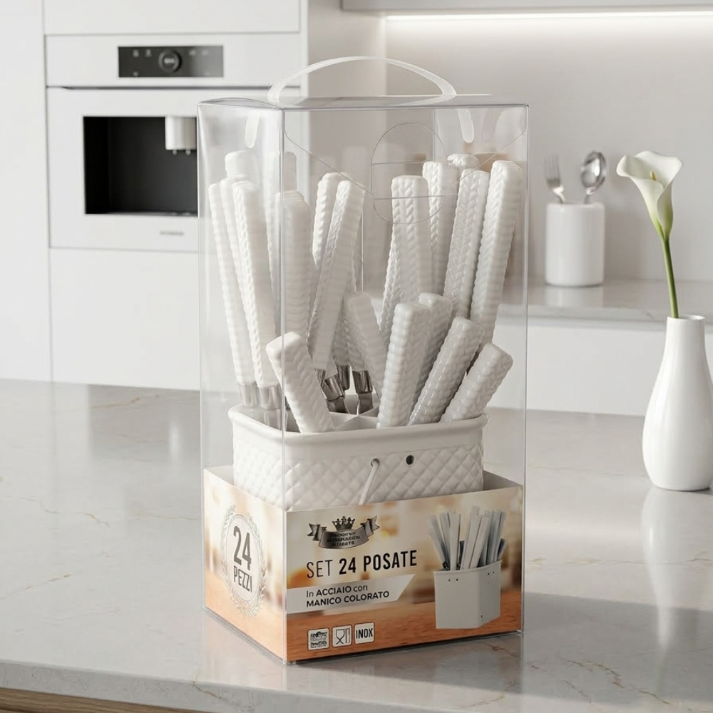 Set 24 Posate in Acciaio Inox con Manici Rosa Texturizzati Square