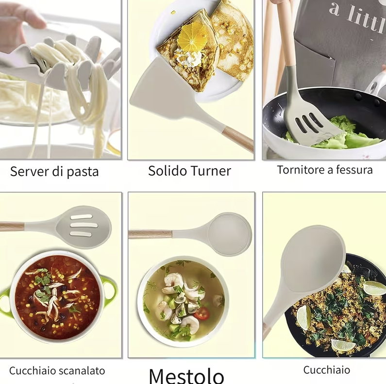 ✨ Set di 12 Utensili da Cucina in Silicone – Resistenti al Calore, con Manico in Legno 🌿