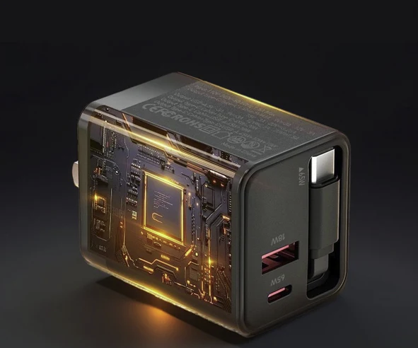 Caricatore Rapido 75W con Cavo Type-C Retrattile 80cm e Doppia Porta USB / Type-C