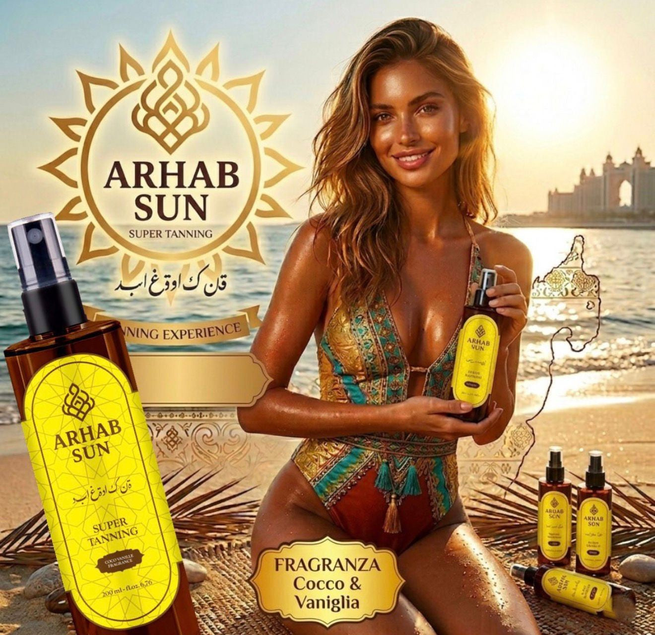 Olio Abbronzante Arabo ARHAB SUN 200ml – Intensificatore Abbronzatura Rapida con Fragranza Cocco & Vaniglia – Super Tanning Oil Corpo Idratante e Profumato