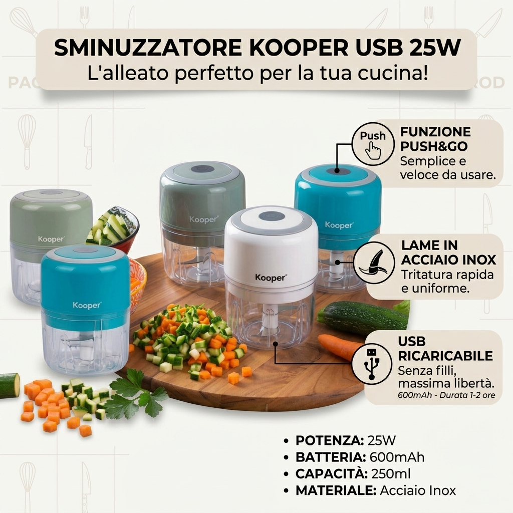 Sminuzzatore Elettrico Kooper Senza Fili | 250ml, Ricarica USB, Lame Inox