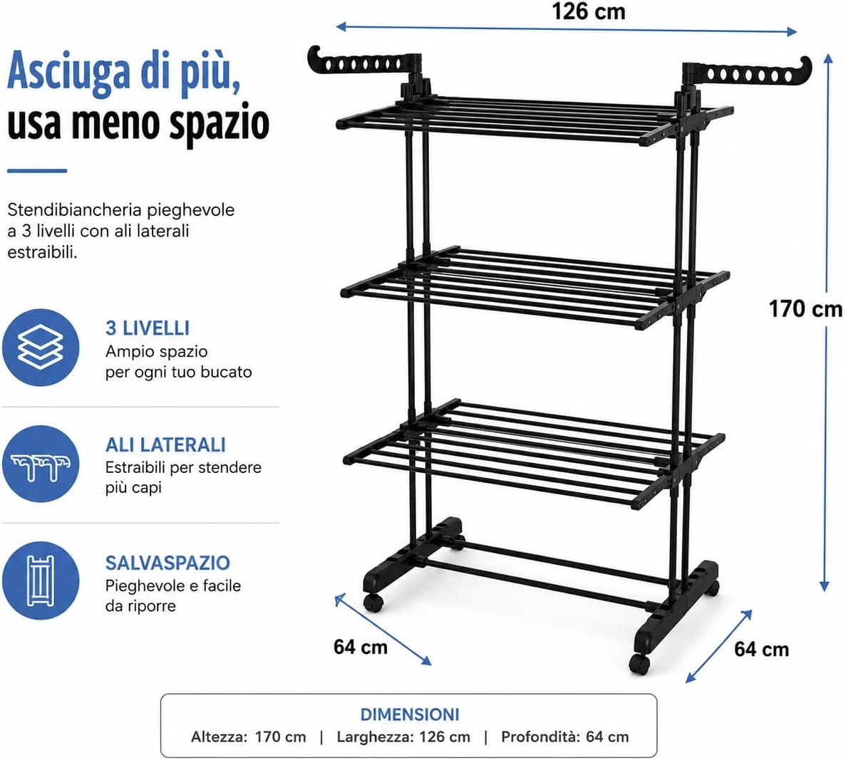 Stendibiancheria Verticale 4 Livelli Pieghevole con Ruote – Acciaio Inox 64x126x170 cm | Salvaspazio, Interno ed Esterno