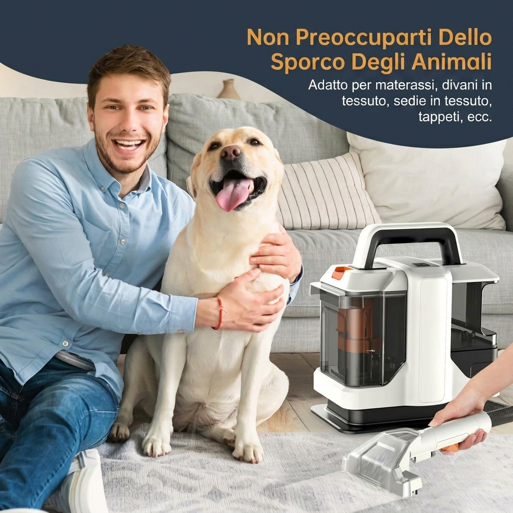Pulitore Tappeti e Divani Portatile 11 kPa – Lavatappezzeria Spray + Aspirazione, Doppio Serbatoio 1,08L + 0,8L, Motore 450W – Per Tappeti, Tessuti, Divani, Scale e Auto