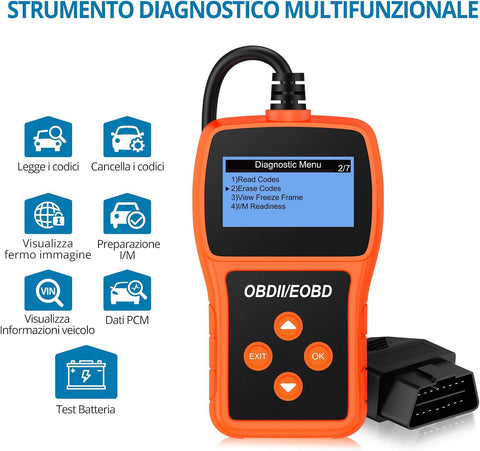 Tester Scanner, OBD2 OBDII Dispositivo Diagnostica Auto, Lettura dei codici Scanner con definizione DTC,  Multilingue Strumento Diagnostica Autoveicoli