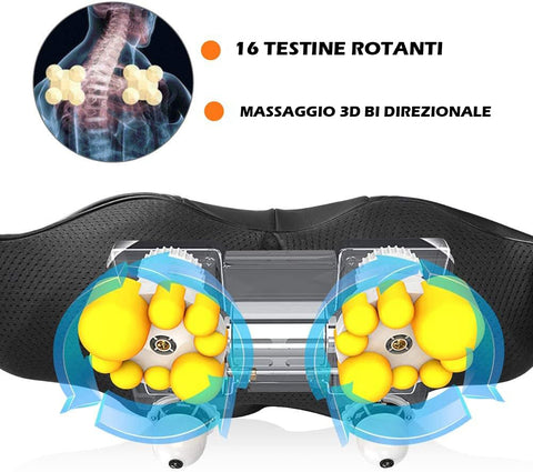 Massaggiatore Cervicale per Collo, Spalle, Schiena, per Casa, Auto e Ufficio, con infrarossi riscaldante, Massaggio 3D con 16 testine rotanti