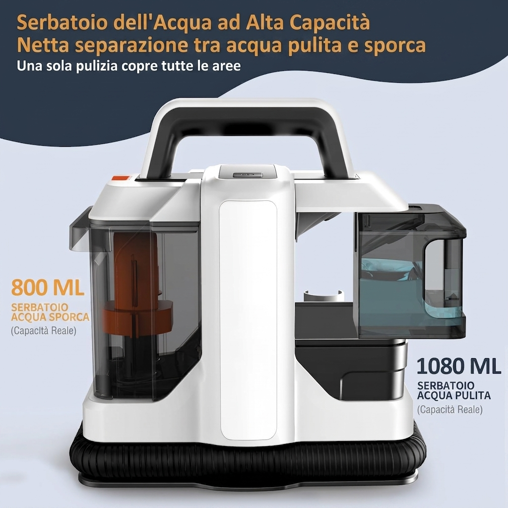 Pulitore Tappeti e Divani Portatile 11 kPa – Lavatappezzeria Spray + Aspirazione, Doppio Serbatoio 1,08L + 0,8L, Motore 450W – Per Tappeti, Tessuti, Divani, Scale e Auto