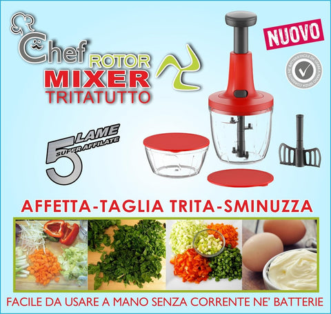 Mixer Tritatutto Manuale, 5 Lame acciaio Inox, Trita Verdure Manuale, Frullatore Manuale Taglio di Cipolla Manuale Tritaverdure da Cucina, press Chopper, 2 Contenitori 900 + 500 ml