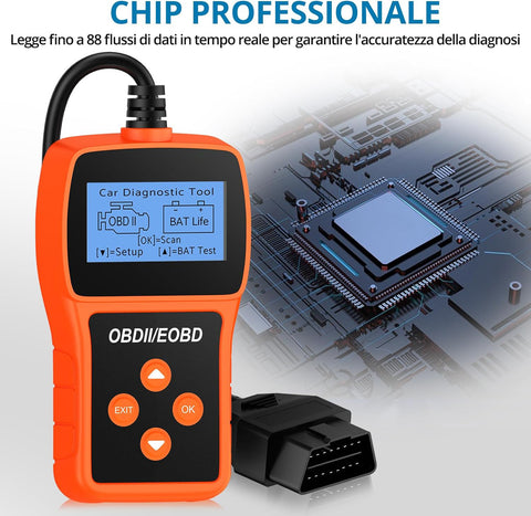 Tester Scanner, OBD2 OBDII Dispositivo Diagnostica Auto, Lettura dei codici Scanner con definizione DTC,  Multilingue Strumento Diagnostica Autoveicoli