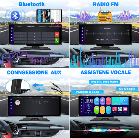 Autoradio Wireless Apple Carplay & Android Auto Tocuchscreen 10,26 Pollici Portatile ，7-32V Monitor con A-pple Airplay/Assistente Vocale/Bluetooth/Trasmettitore FM/AUX/TF Card