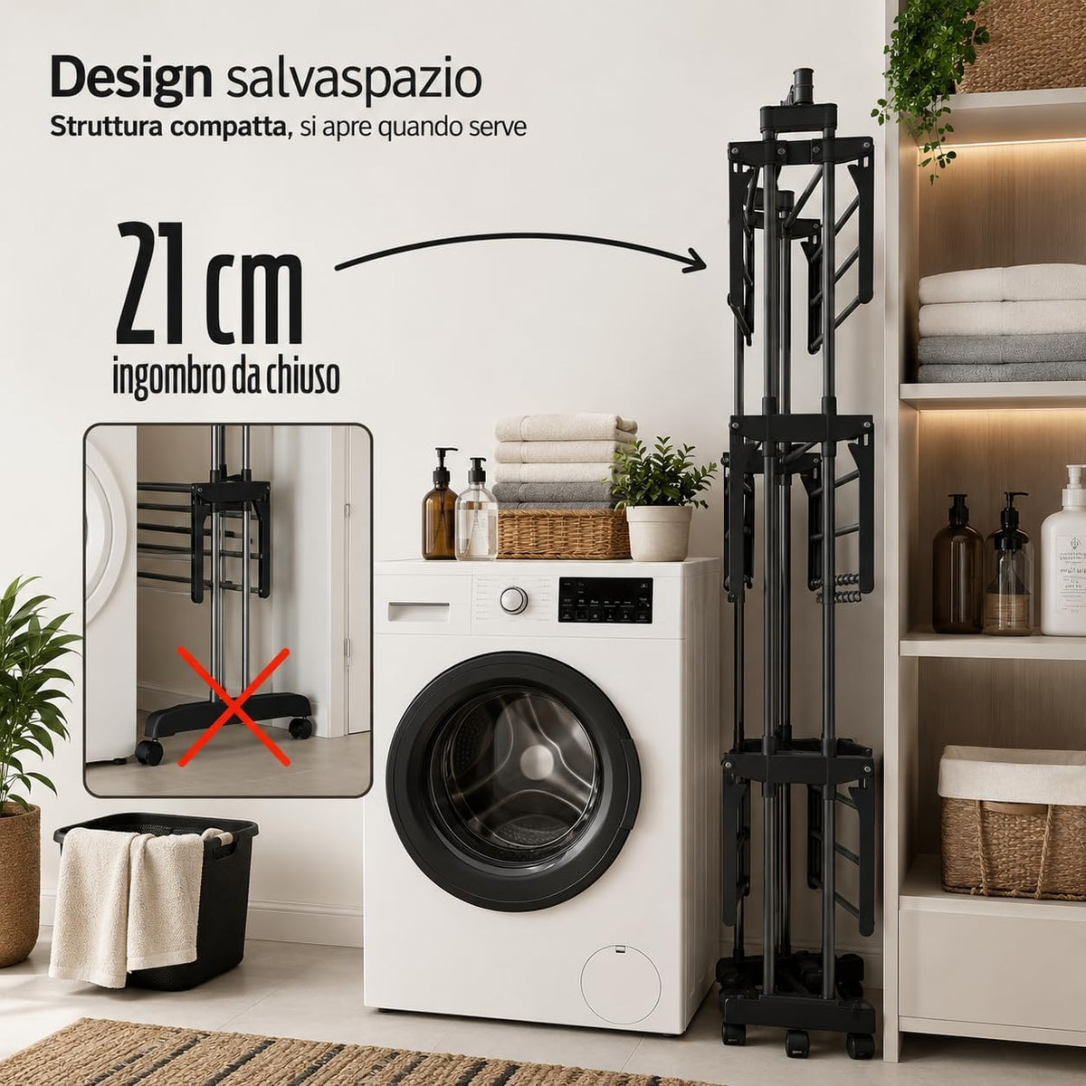 Stendibiancheria Verticale 4 Livelli Pieghevole con Ruote – Acciaio Inox 64x126x170 cm | Salvaspazio, Interno ed Esterno