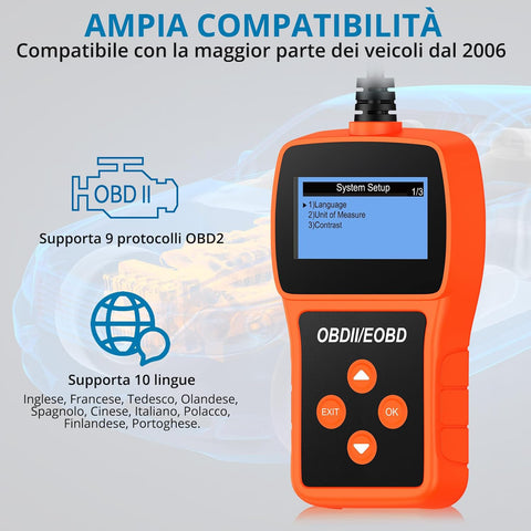 Tester Scanner, OBD2 OBDII Dispositivo Diagnostica Auto, Lettura dei codici Scanner con definizione DTC,  Multilingue Strumento Diagnostica Autoveicoli