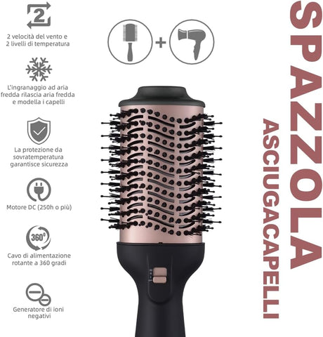 Spazzola Asciugacapelli 3 in 1, Asciuga, Liscia e Volumizza i capelli