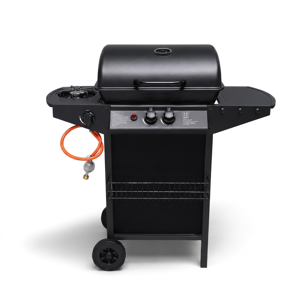 Barbecue A Gas, Grill Pietra Portatile Con Termometro, Fornello Laterale, E Ruote