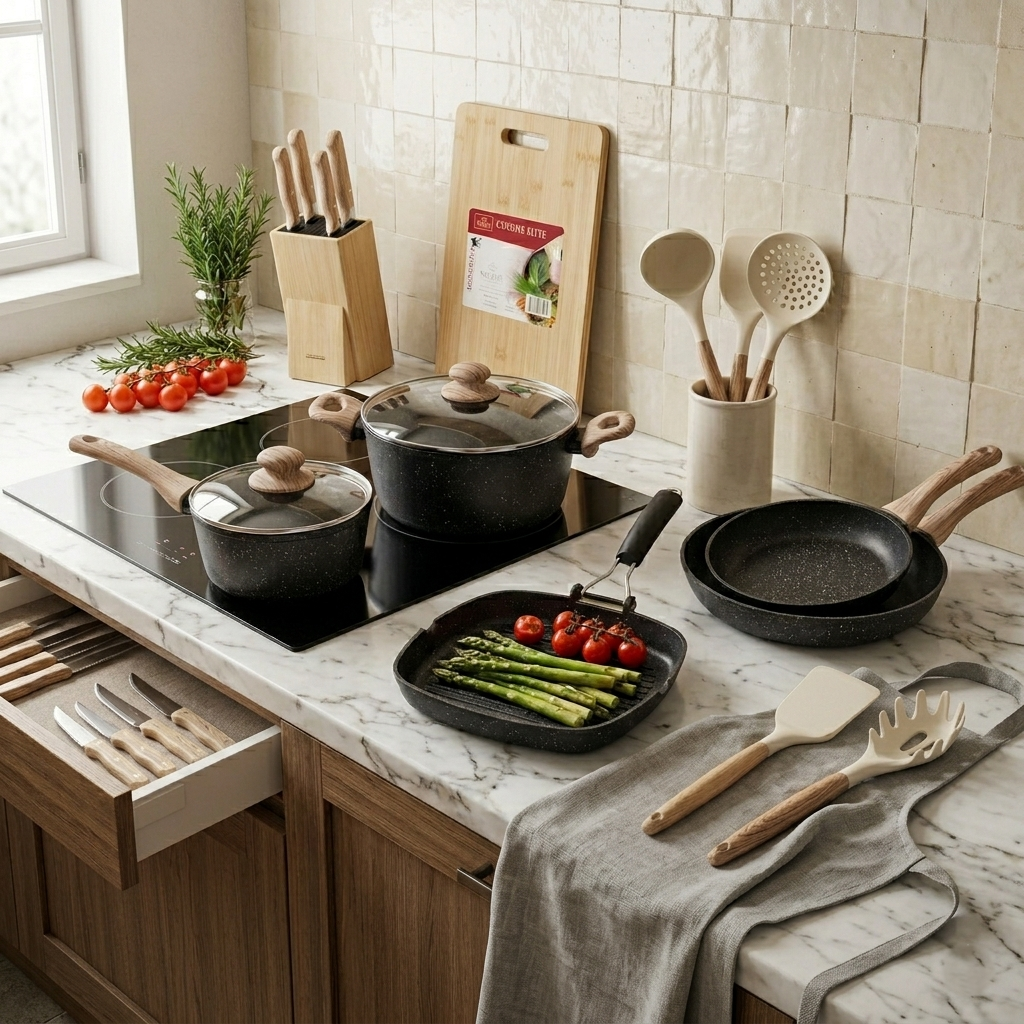 Set Batteria Cucina Completa 24 Pezzi Bavaria Ottingher - Pentole Padelle Pietra Lavica Antiaderente Induzione con Bistecchiera, Coltelli, Mestoli e Tagliere