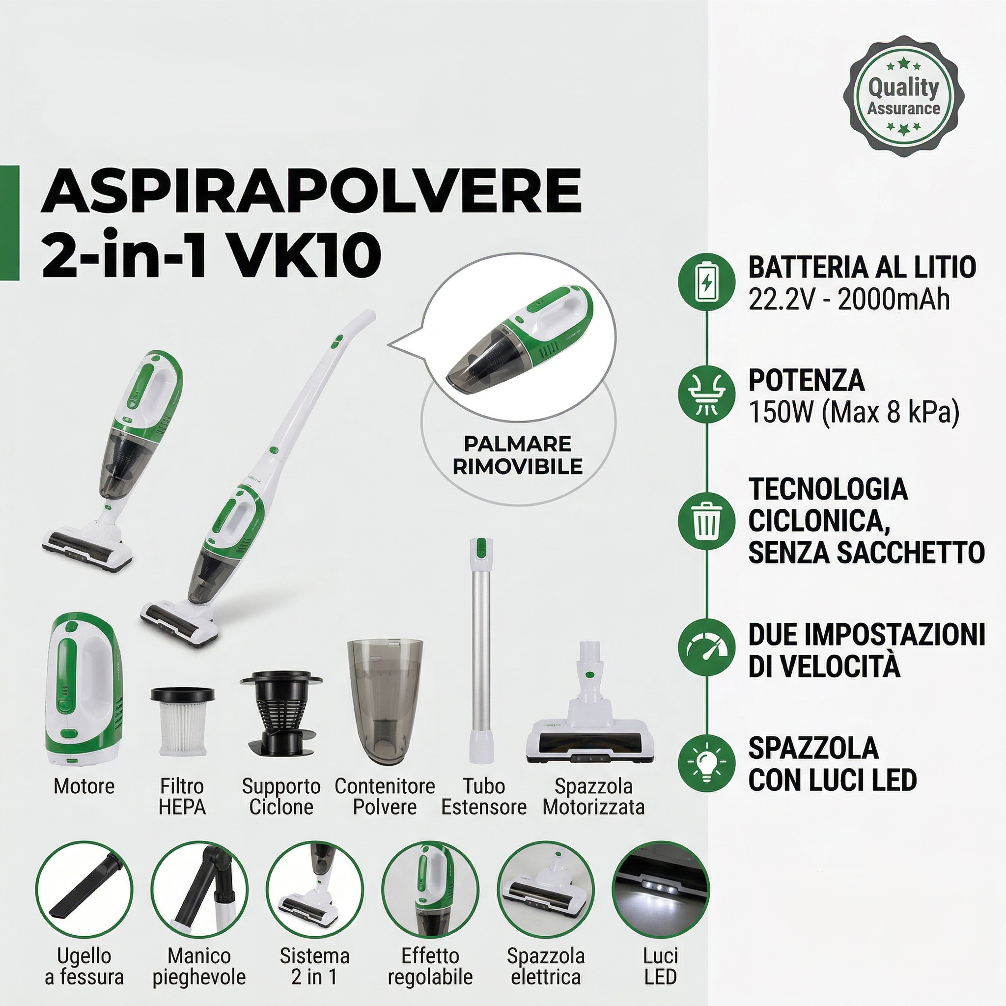 Aspirapolvere Scopa Workwear® Senza Fili 2 in 1 – Aspirapolvere Ricaricabile a Batteria Litio con Tecnologia Ciclonica, Spazzola Motorizzata LED, Testa Rotabile 180°, Senza Sacco – 150W