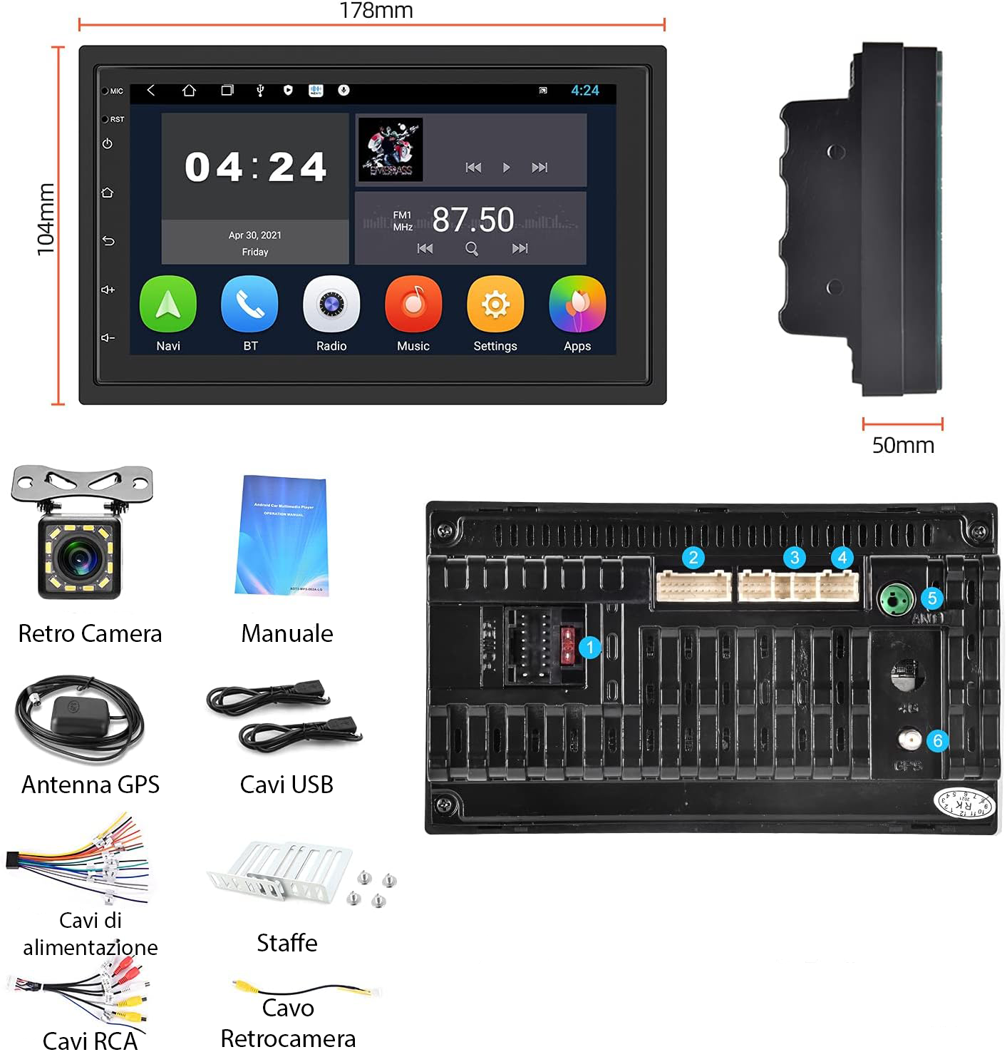 Autoradio 2 Din Con Bluetooth GPS/WiFi/FM 7" Touch Screen CarPlay - Android Auto