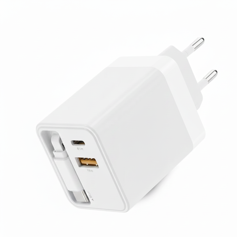 Caricatore Rapido 75W con Cavo Type-C Retrattile 80cm e Doppia Porta USB / Type-C