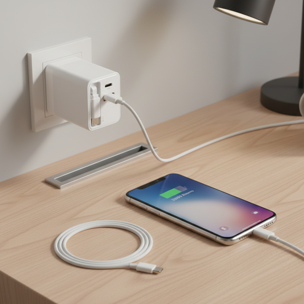 Caricatore Rapido 75W con Cavo Type-C Retrattile 80cm e Doppia Porta USB / Type-C