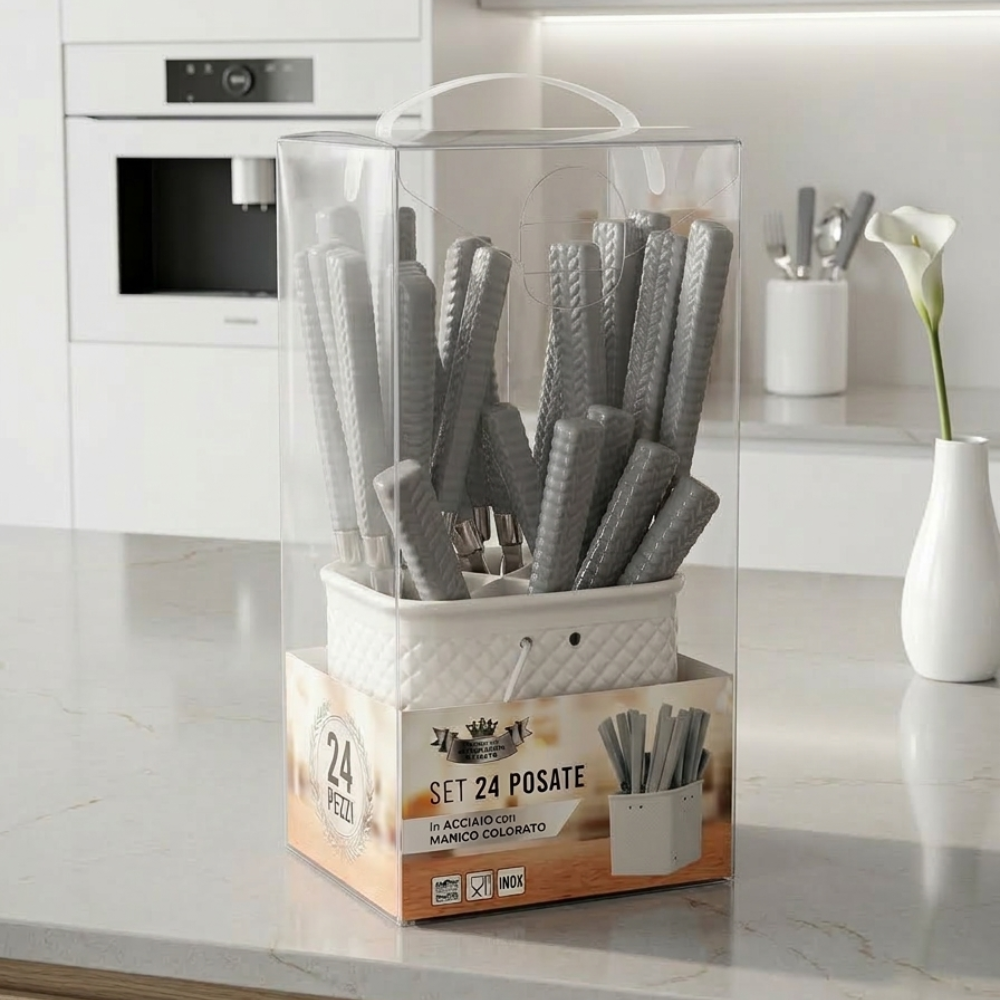 Set 24 Posate in Acciaio Inox con Manici Rosa Texturizzati Square