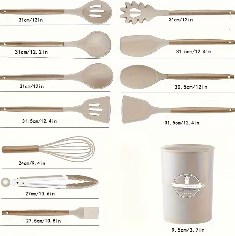 ✨ Set di 12 Utensili da Cucina in Silicone – Resistenti al Calore, con Manico in Legno 🌿