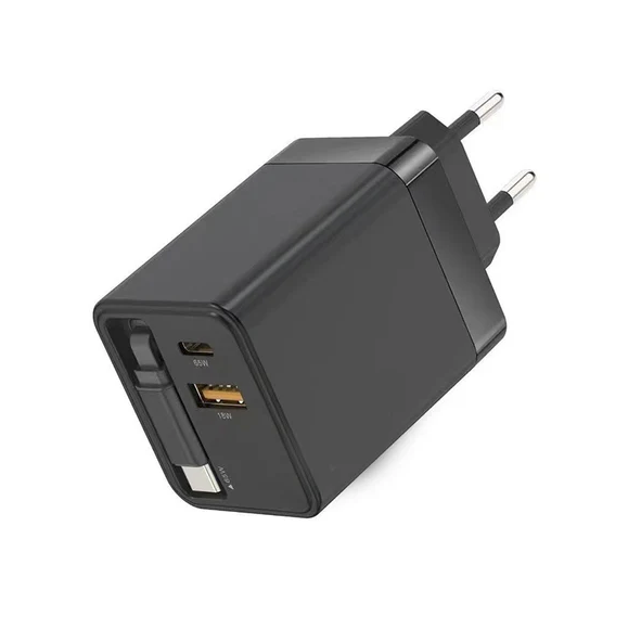 Caricatore Rapido 75W con Cavo Type-C Retrattile 80cm e Doppia Porta USB / Type-C