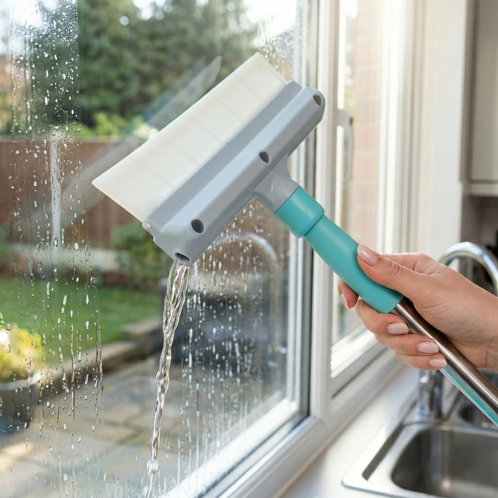 Lavavetri Professionale 2 in 1 con Manico Componibile - Panno Microfibra, Spatola Silicone Anti-Aloni e Testina Snodabile