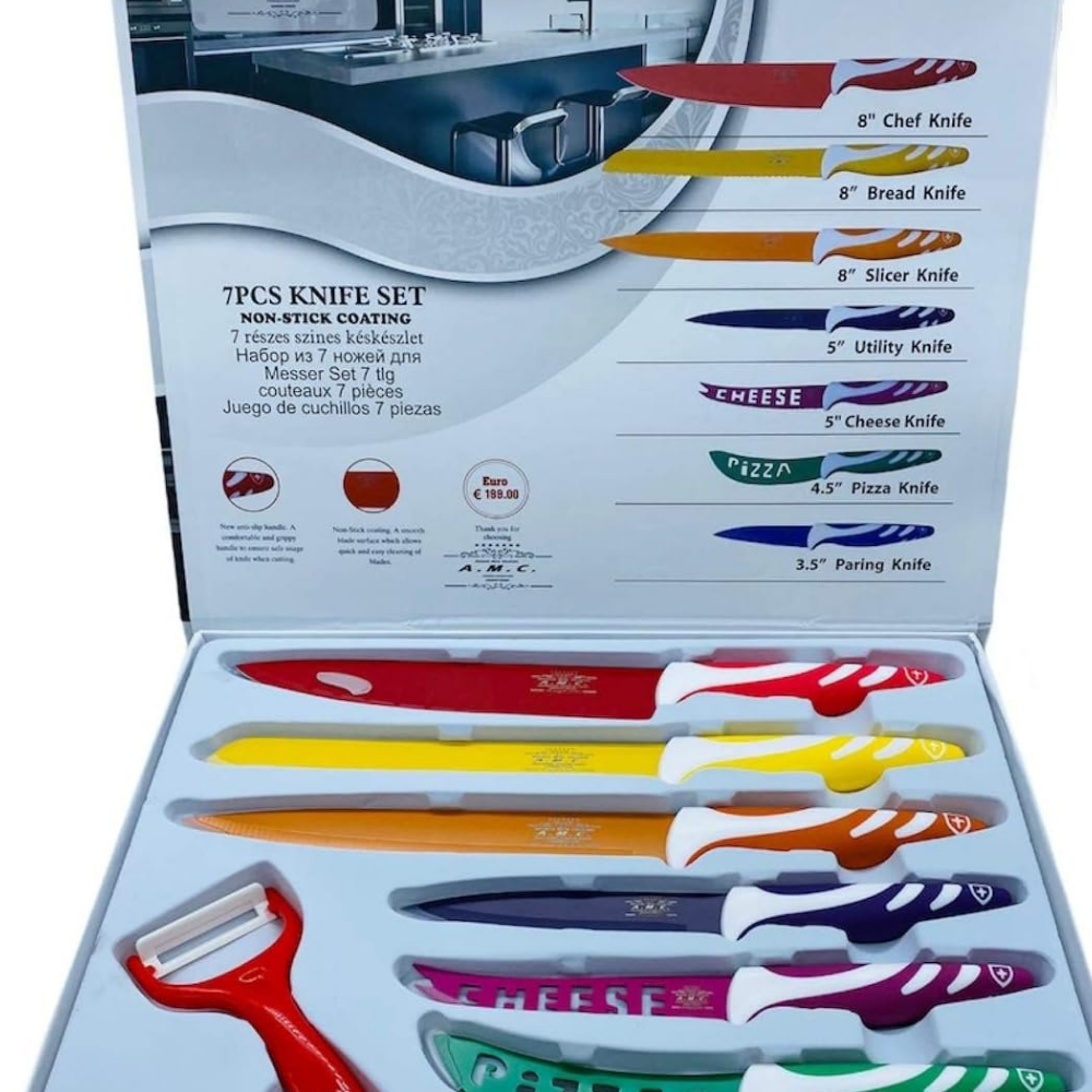 🔪 Set di Coltelli da Cucina 7 Pezzi con Rivestimento Antiaderente – Colori Vivaci e Massima Precisione