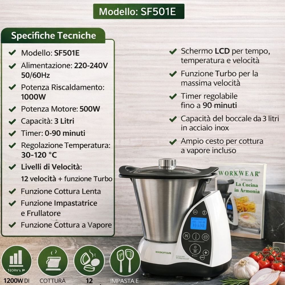 WorkWear Chef Pro™ – Robot da Cucina Multifunzione Intelligente con Cottura Integrata