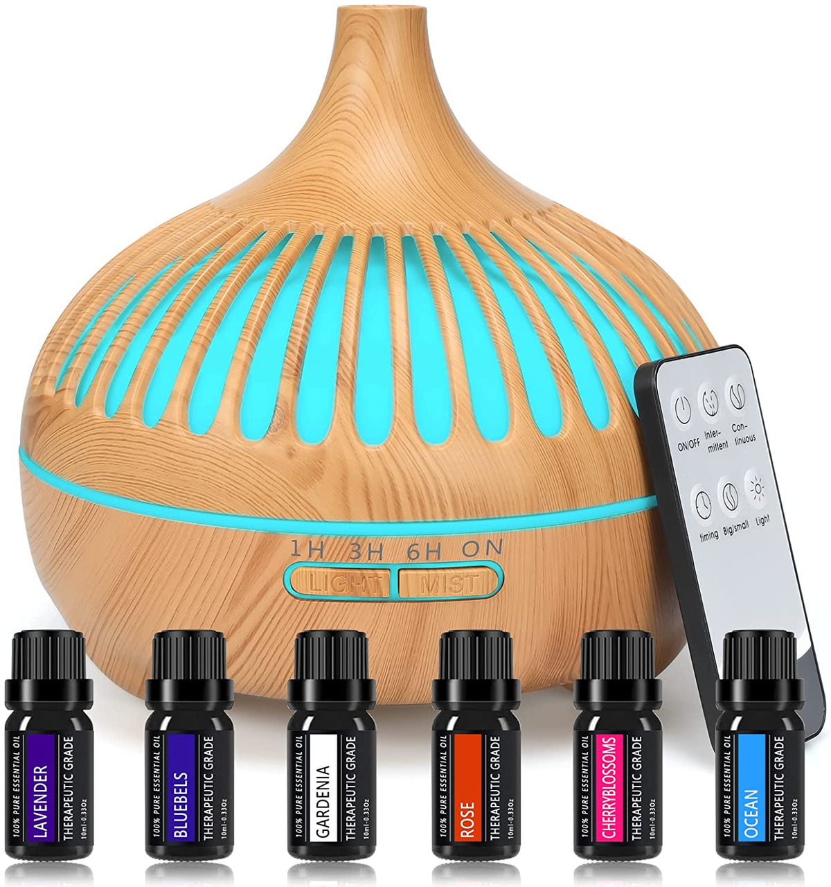 Essential Oil Diffuser - Humidifier with Set of 6 Pure Essential Oils with Mist Control 